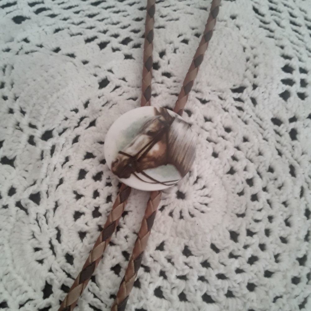 5/$25 Sale! Vintage Leather Lariat Braided Necklace with Ceramic Horse